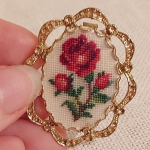 Vintage Petit Point Rose Brooch